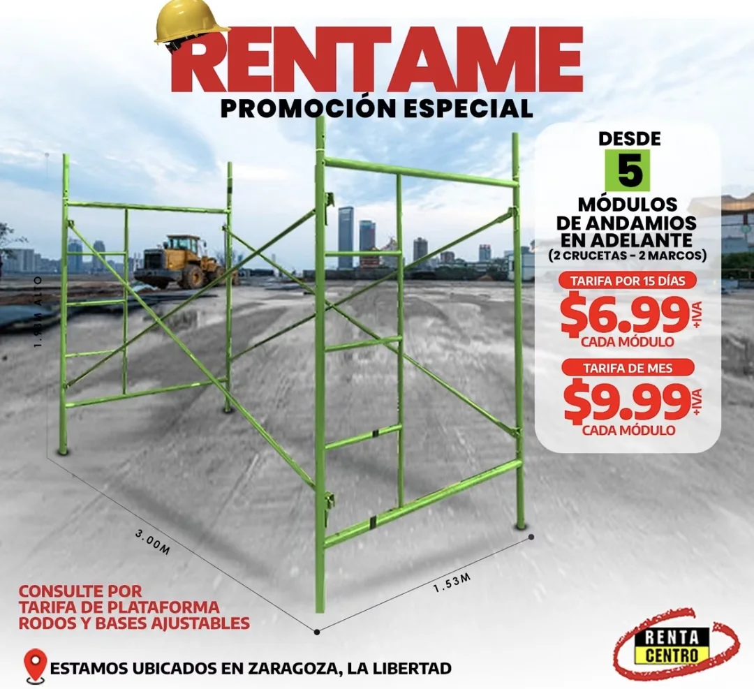 RentaCentro El Salvador promotion — scaffolding from 5 modules: $6.99 per 15 days or $9.99 per month each module (plus VAT).