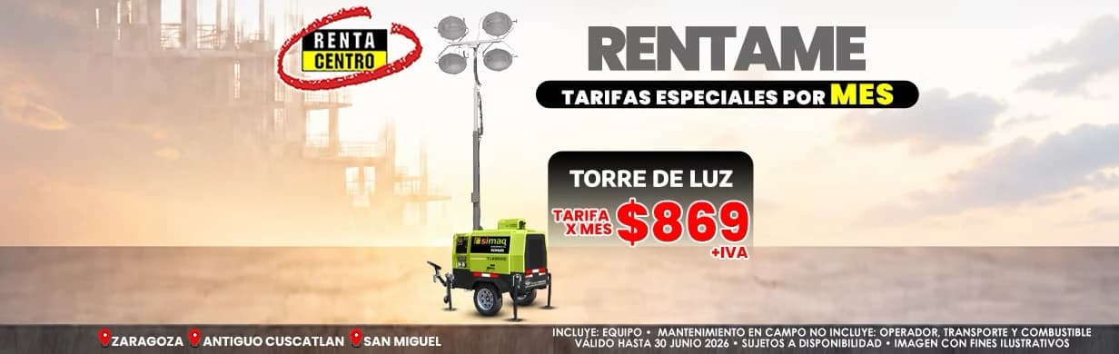 RentaCentro El Salvador promotion — special monthly rate on light towers.