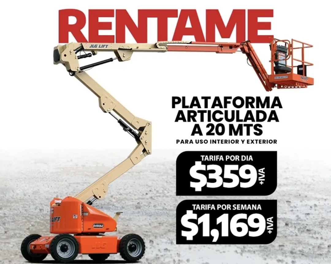 RentaCentro El Salvador promotion — 20 m articulated boom lift: $359 per day or $1,169 per week (plus VAT), indoor and outdoor use.