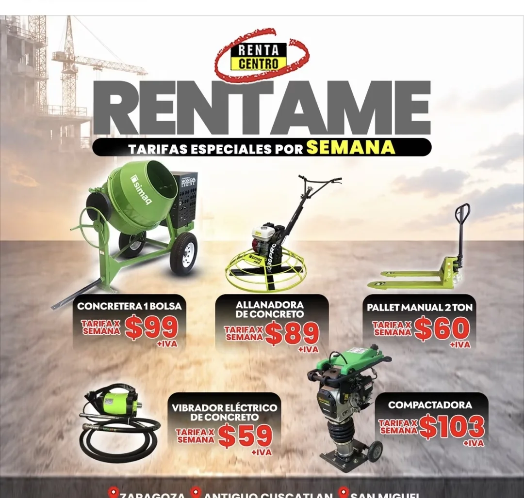 RentaCentro El Salvador promotion — weekly rates: concrete mixer $99, power trowel $89, 2-ton pallet jack $60, electric vibrator $59 and rammer $103 (plus VAT).
