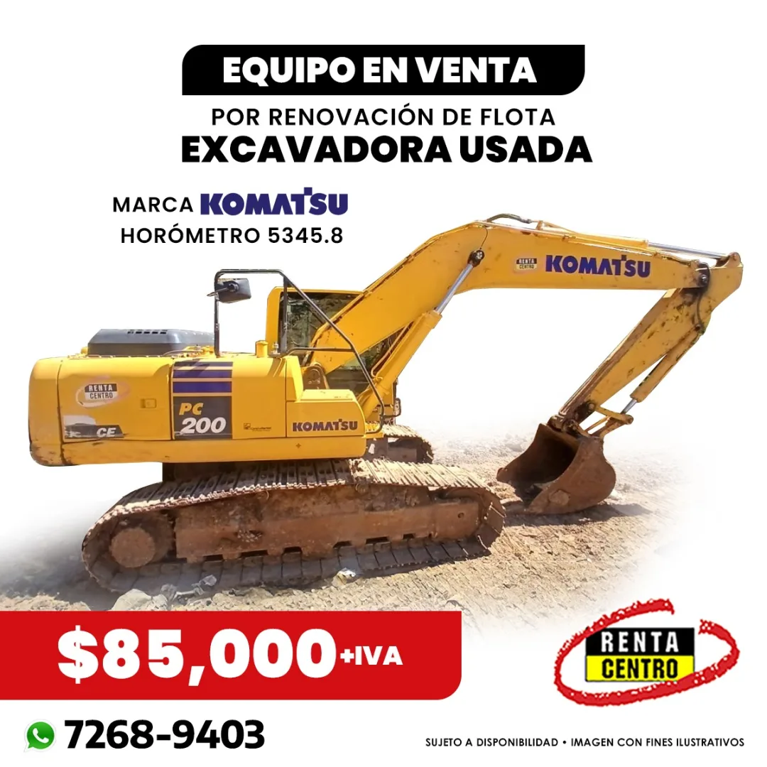 Equipo en venta por renovación de flota — excavadora usada Komatsu PC200-10M0 CE (2023), horómetro 5,592.6, a $85,000 (+IVA). Se vende tal como está. RentaCentro El Salvador, WhatsApp 7268-9403. Sujeto a disponibilidad.