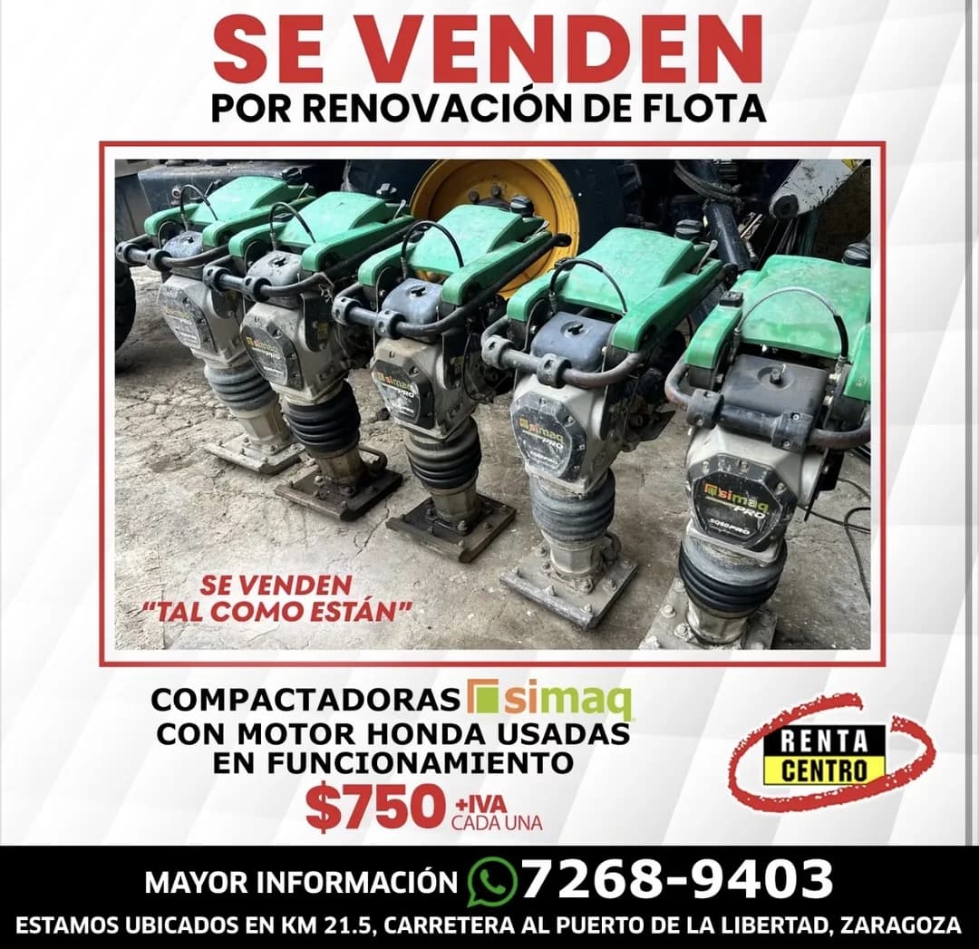 For sale — used SIMAQ rammers with Honda engine, working, $750 plus VAT each, fleet renewal.